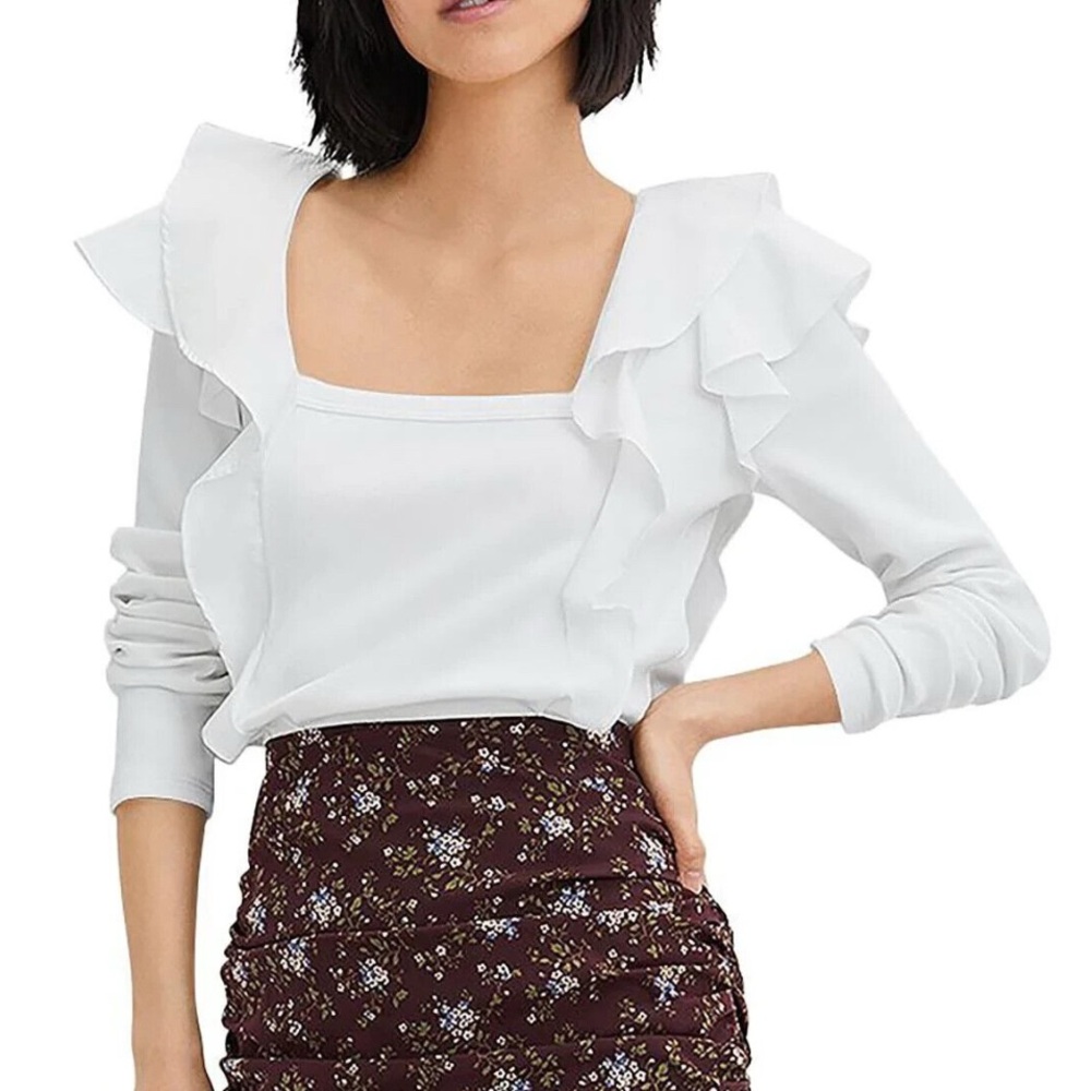 Veronica Beard White Gidea Ruffled Poplin Top